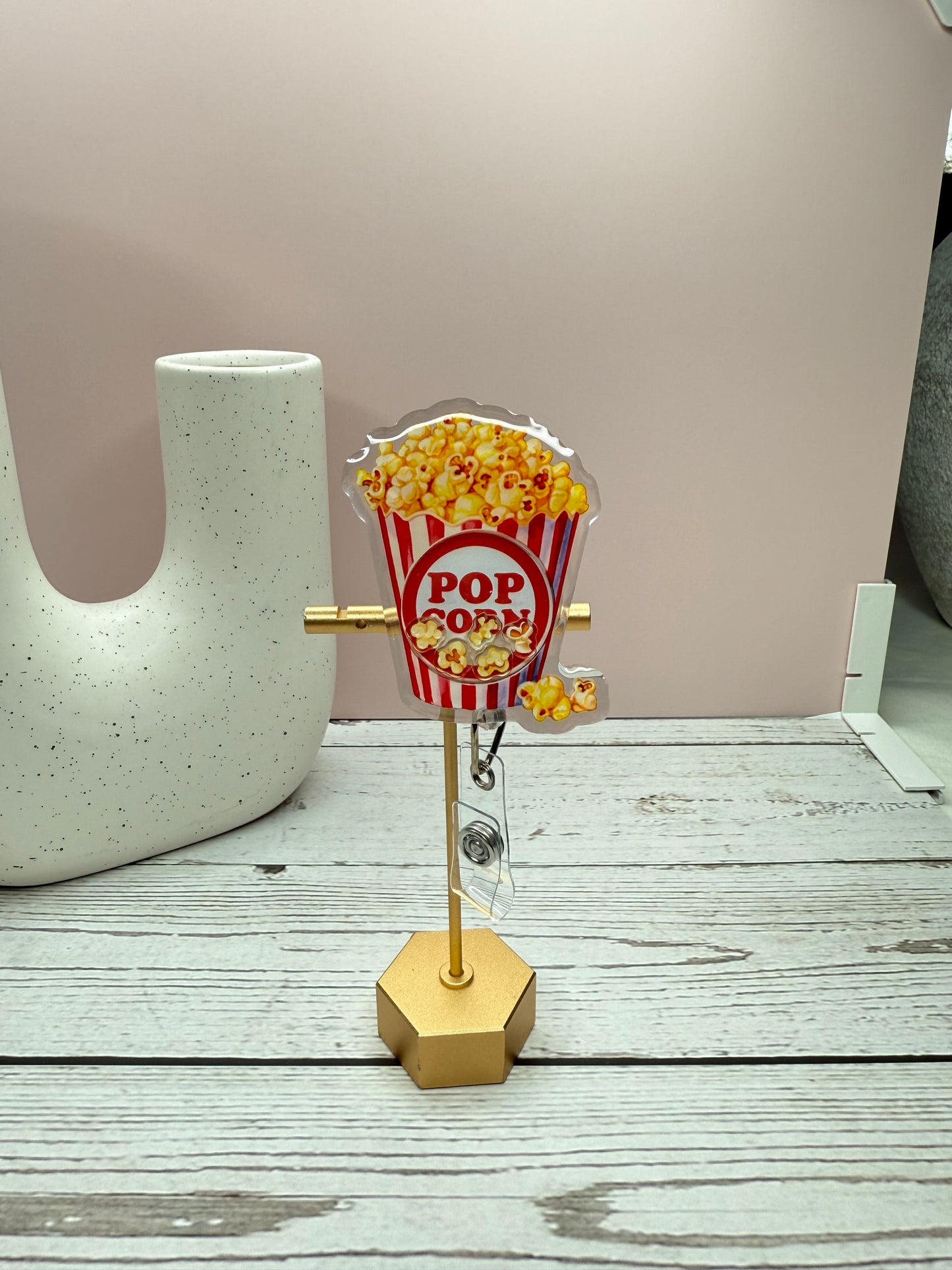 Popcorn Shaker Badge Reel | Retractable ID Holder | Fun Movie-Themed Badge Clip