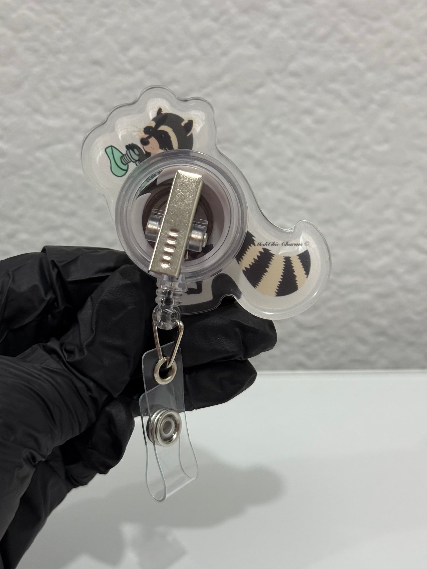 Racoon Badge Reel, Cute Design Acrylic for Children Gift Work Accessories Nurses Medical Teacher Student, RT, Respiratory therapy, oxygen.