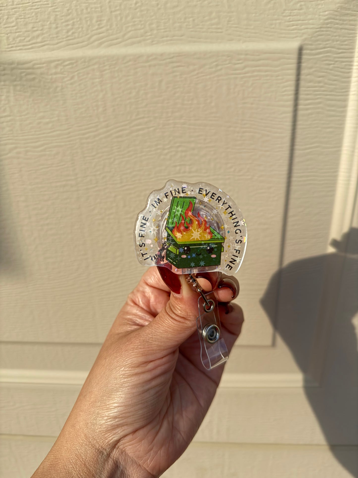 Funny Dumpster Fire, it's fine I'm fine everything it's fine Badge Reel - Retractable Badge Holder, Nurse Badge Reel, Lanyard, Nurse Gift