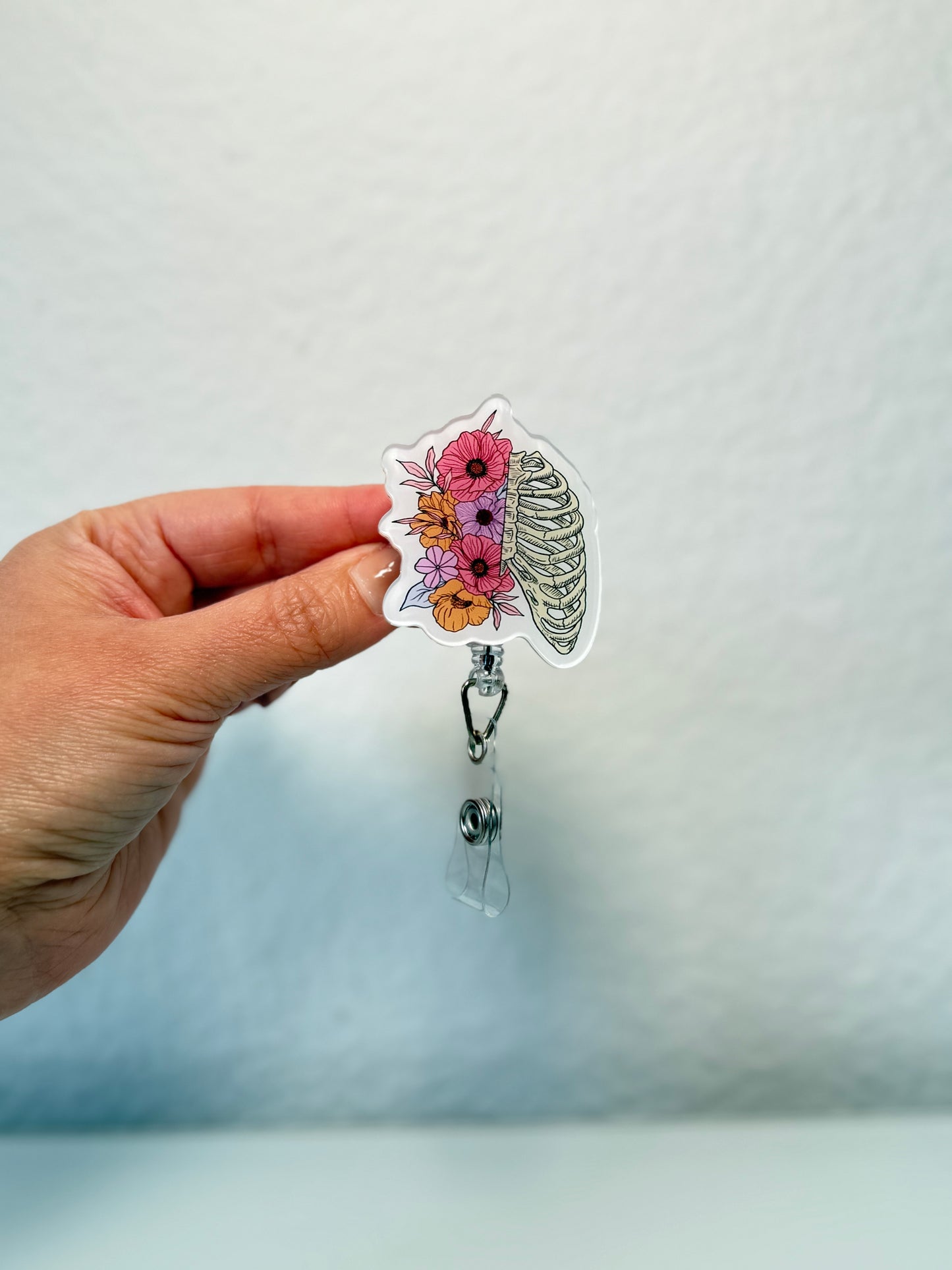 X- Ray Ribcage Badge Ree, Floral Rib Cage Retractable Badge Reel, RT Respiratory Therapist, XRAY Tech Badge Holder, Medical Badges Clip