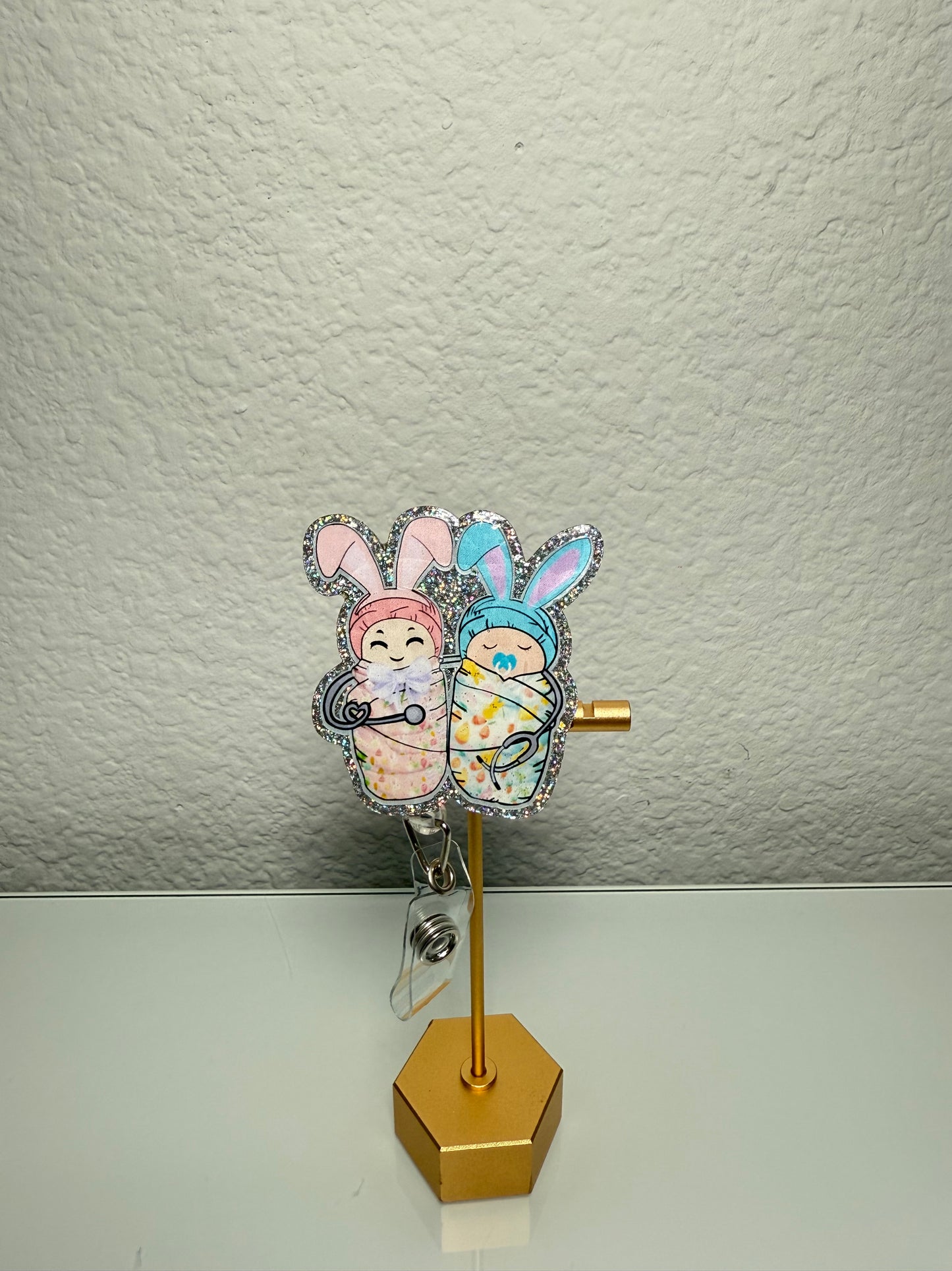 Easter Bunnies Babies Badge Reel | Iridescent Glitter ID Holder | Cute Bunny Badge Reel | Spring Nurse Accessory | Retractable Work Badge