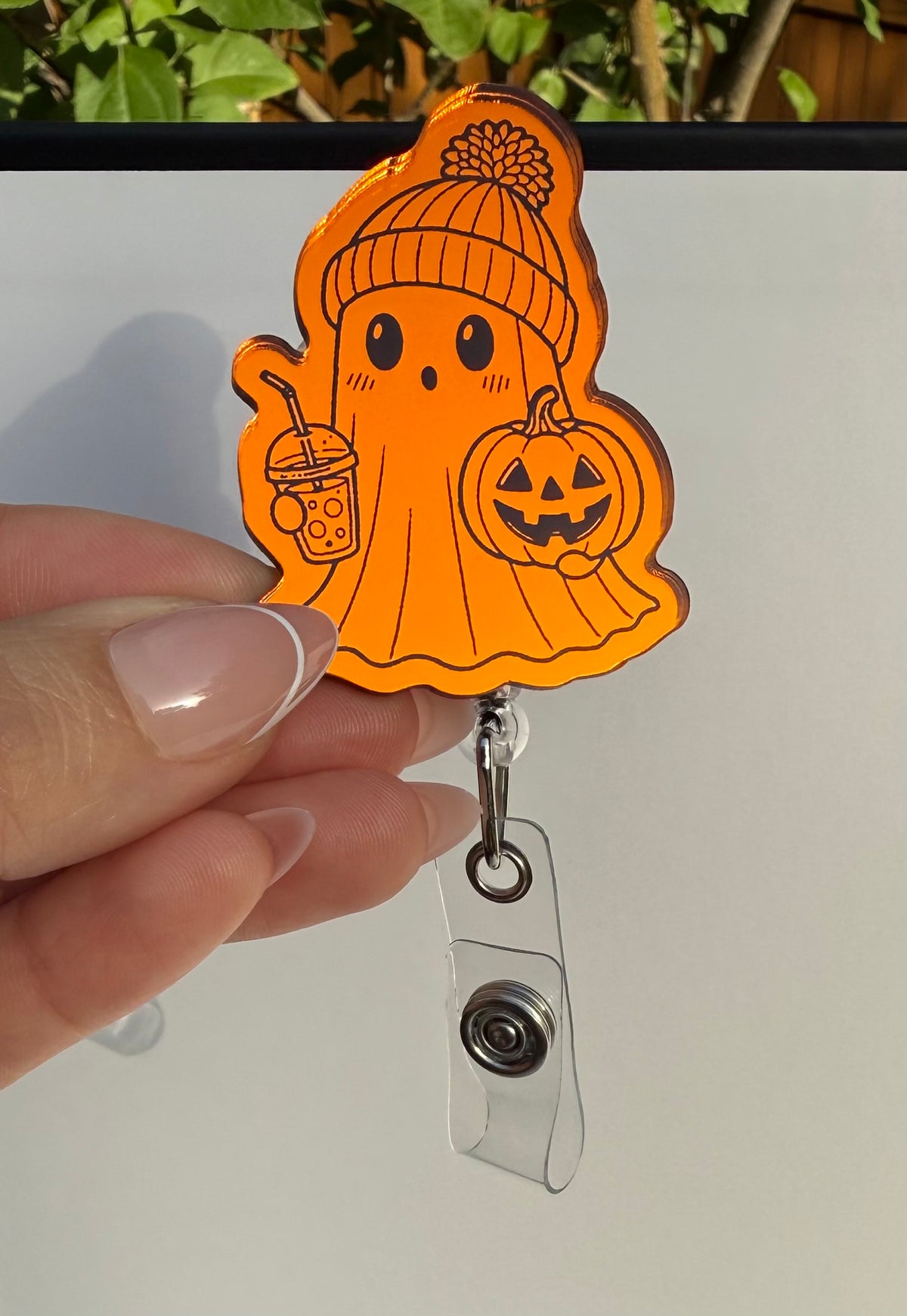 Halloween Orange Mirror Acrylic Badge Reel, Cute Spooky Nurse ID Holder, Pumpkin Ghost Duck Cat Retractable Badge Reel