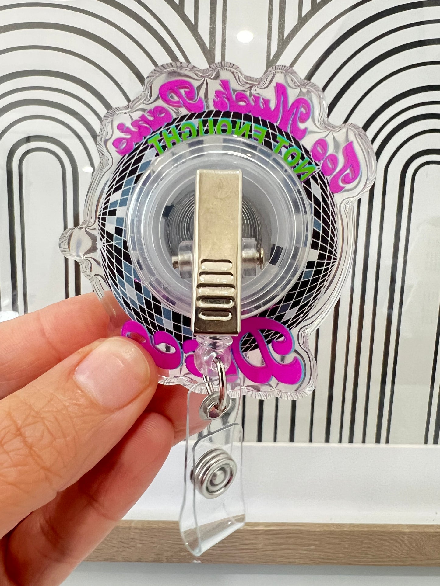 Funny Retractable Badge Reel - Too Much Panic Not Enough Disco - RT CNA ER Nurse Acrylic Badge Holder, Heavy Duty Reel, Lanyard Carabiner