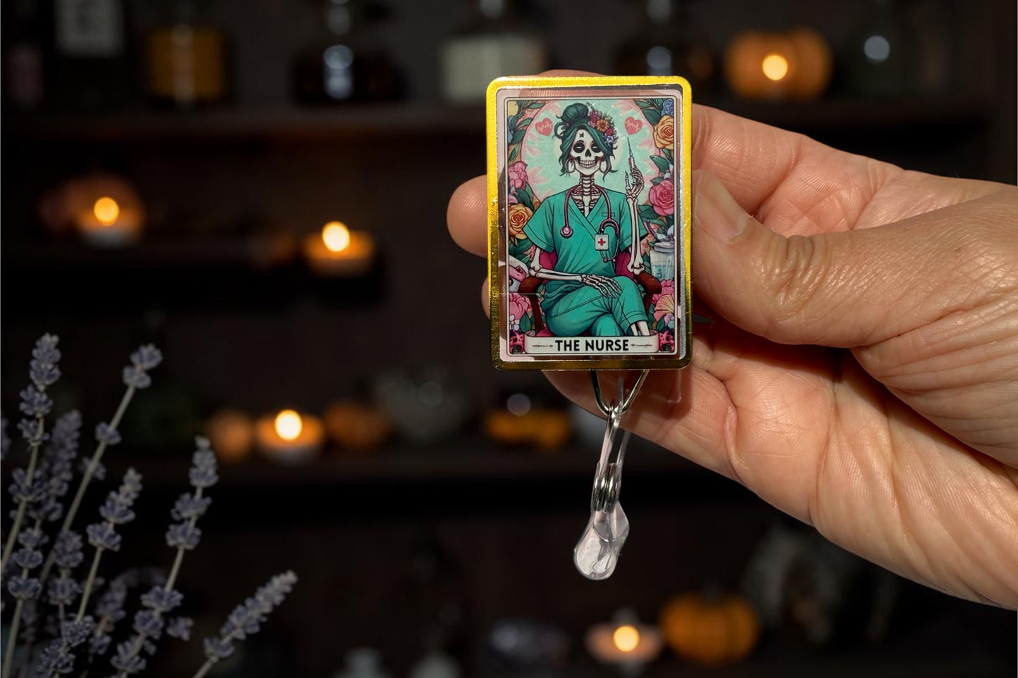 The Nurse Tarot Card badge reel, Skeleton Nurse, Gift For Nurse Registered, Funny Skeleton Nurse Design badge reel, Nursing Witch Skull