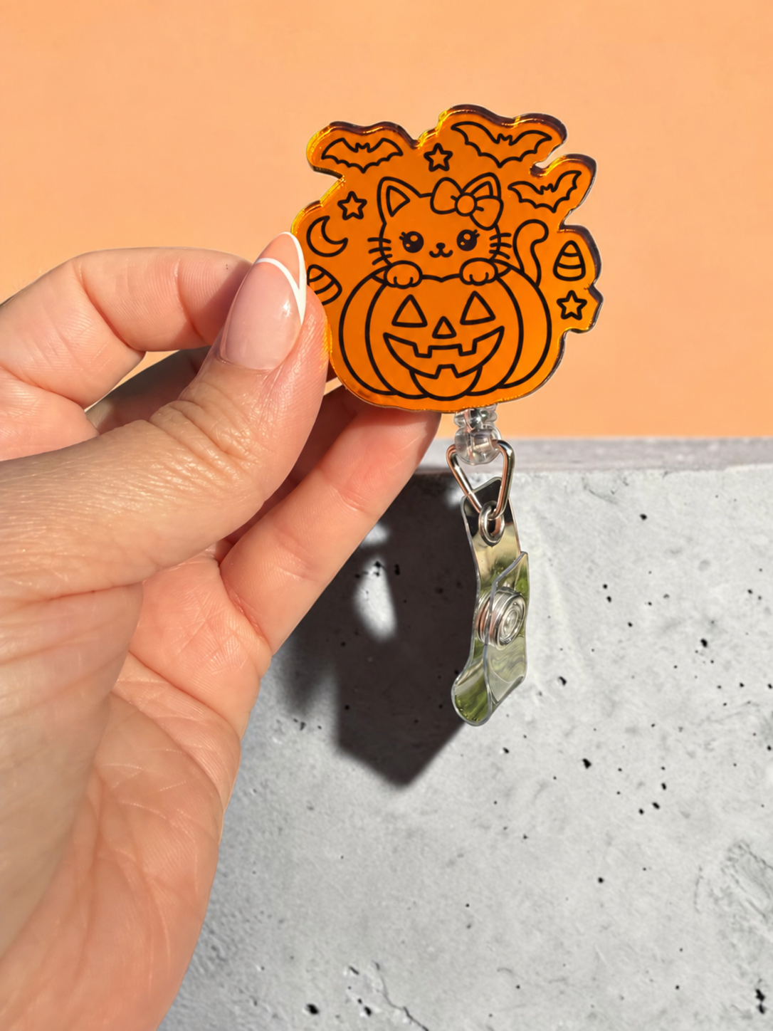 Halloween Orange Mirror Acrylic Badge Reel, Cute Spooky Nurse ID Holder, Pumpkin Ghost Duck Cat Retractable Badge Reel