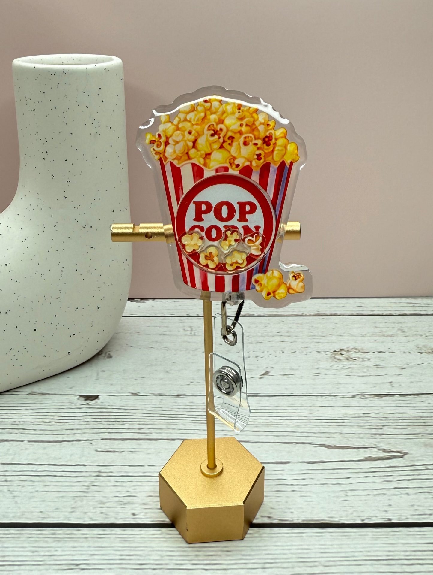 Popcorn Shaker Badge Reel | Retractable ID Holder | Fun Movie-Themed Badge Clip