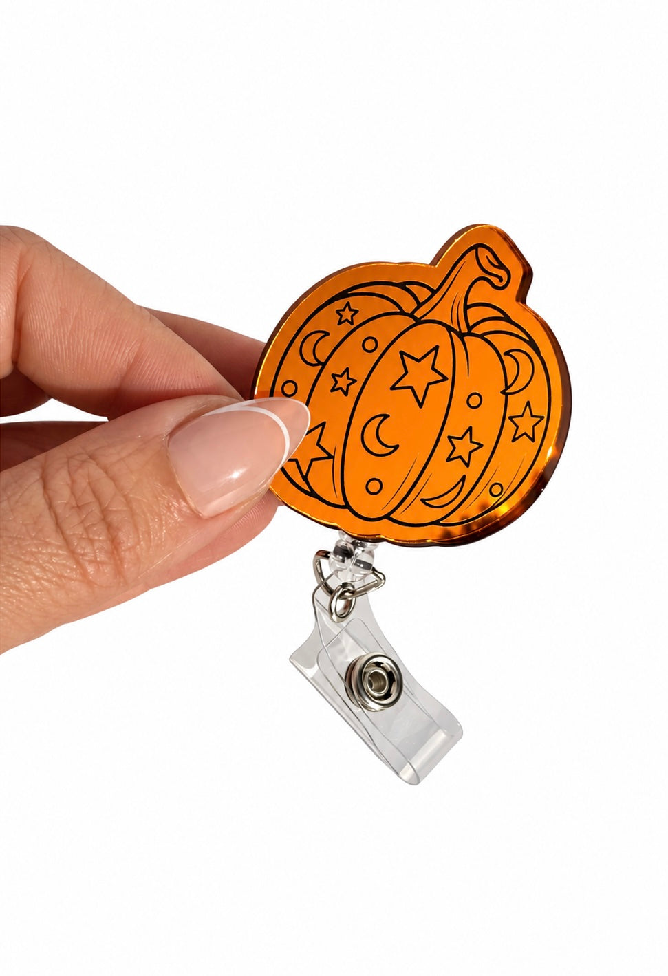 Halloween Orange Mirror Acrylic Badge Reel, Cute Spooky Nurse ID Holder, Pumpkin Ghost Duck Cat Retractable Badge Reel