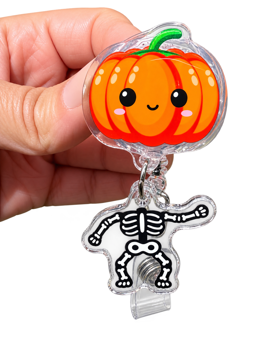 Halloween Pumpkin Skeleton Badge Reel: Retractable ID Holder