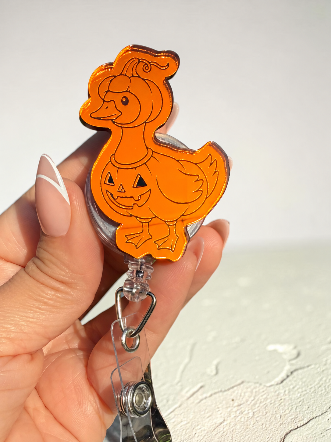 Halloween Orange Mirror Acrylic Badge Reel, Cute Spooky Nurse ID Holder, Pumpkin Ghost Duck Cat Retractable Badge Reel