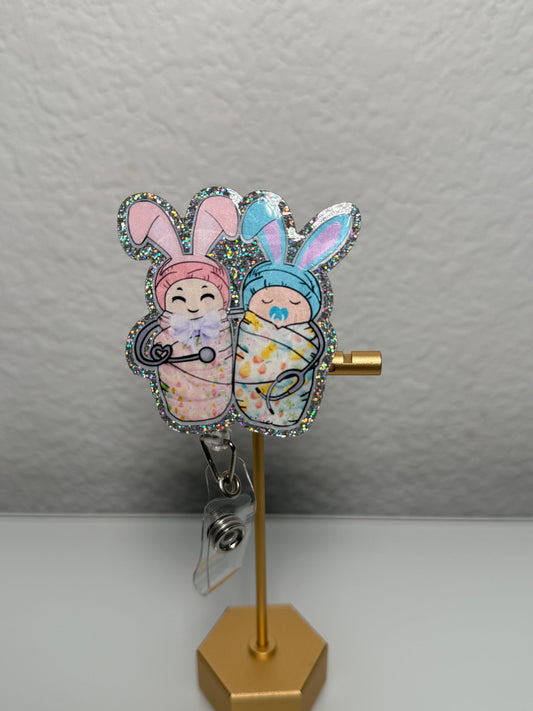 Easter Bunnies Babies Badge Reel | Iridescent Glitter ID Holder | Cute Bunny Badge Reel | Spring Nurse Accessory | Retractable Work Badge