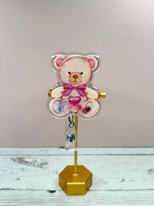 Teddy Bear Valentine’s Shaker Badge Reel | Pediatric Nurse Badge Reel with Syringe, Coffee, Stethoscope, Band-Aid & Thermometer
