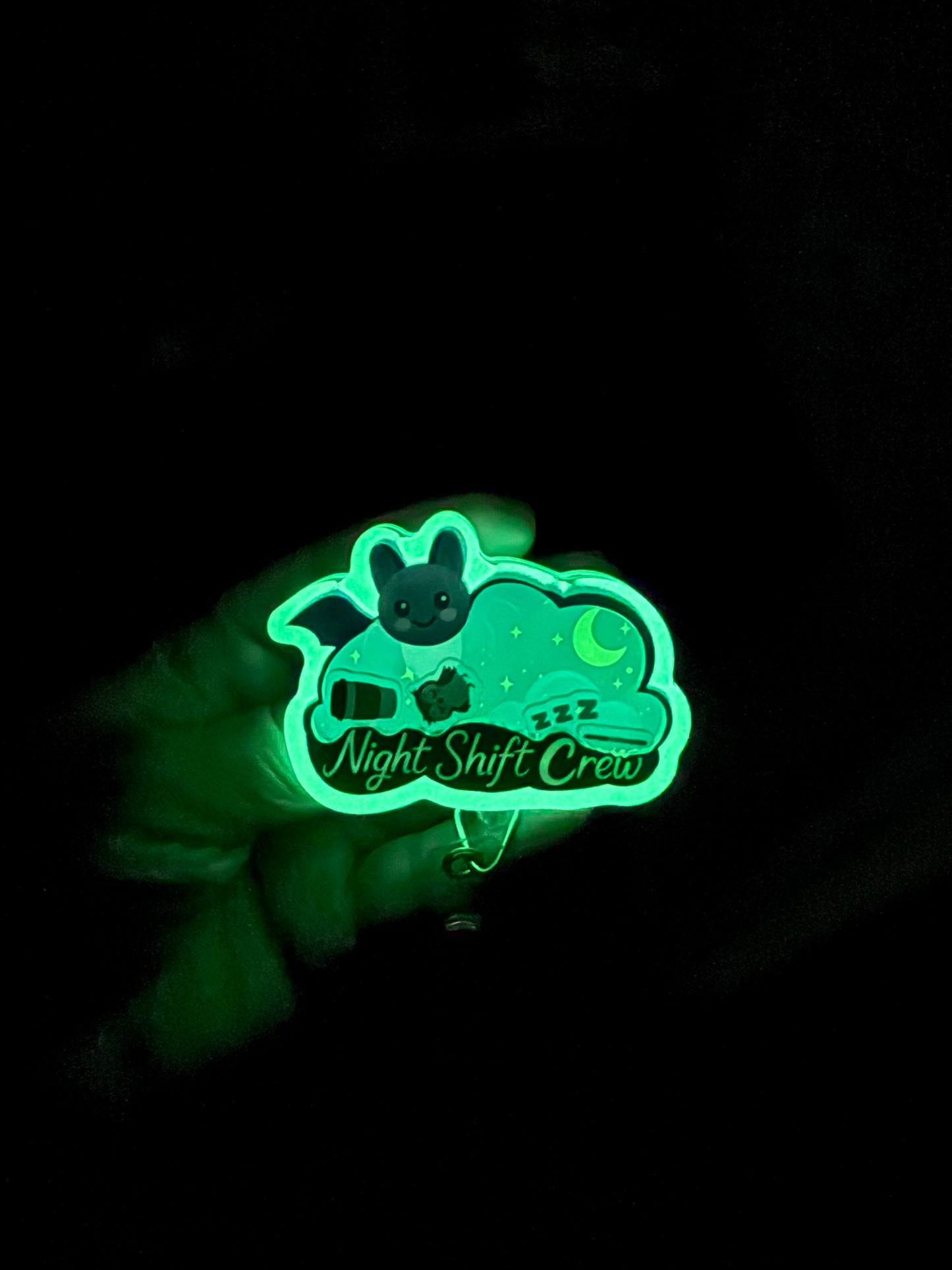 Night Shift Shaker Badge Reel, glow in the dark.