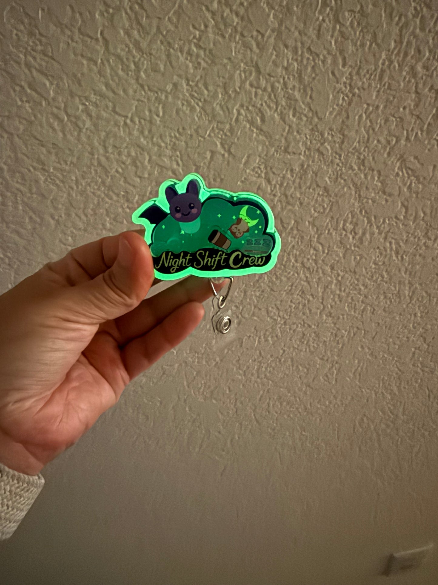 Night Shift Shaker Badge Reel, glow in the dark.
