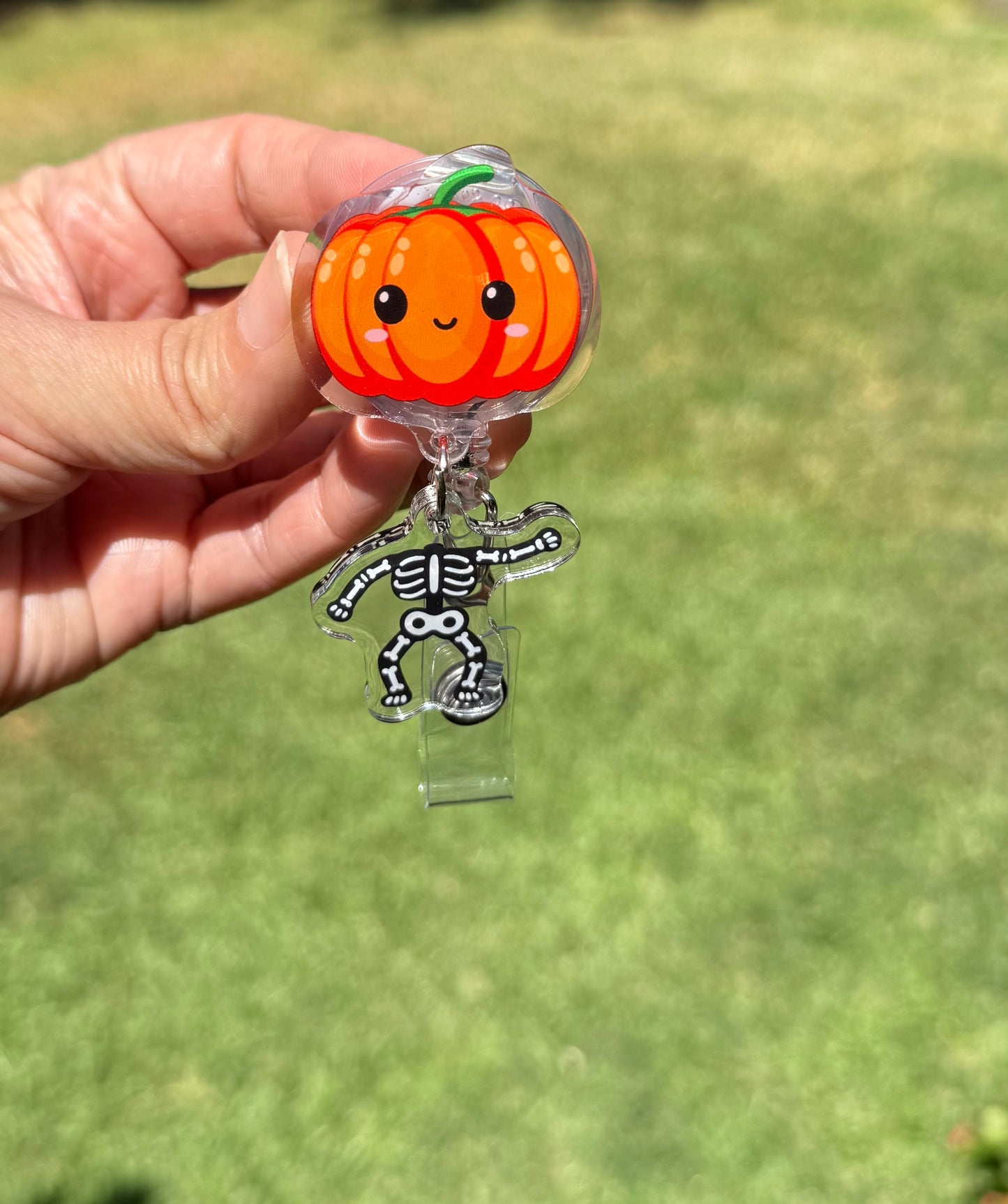 Halloween Pumpkin Skeleton Badge Reel: Retractable ID Holder