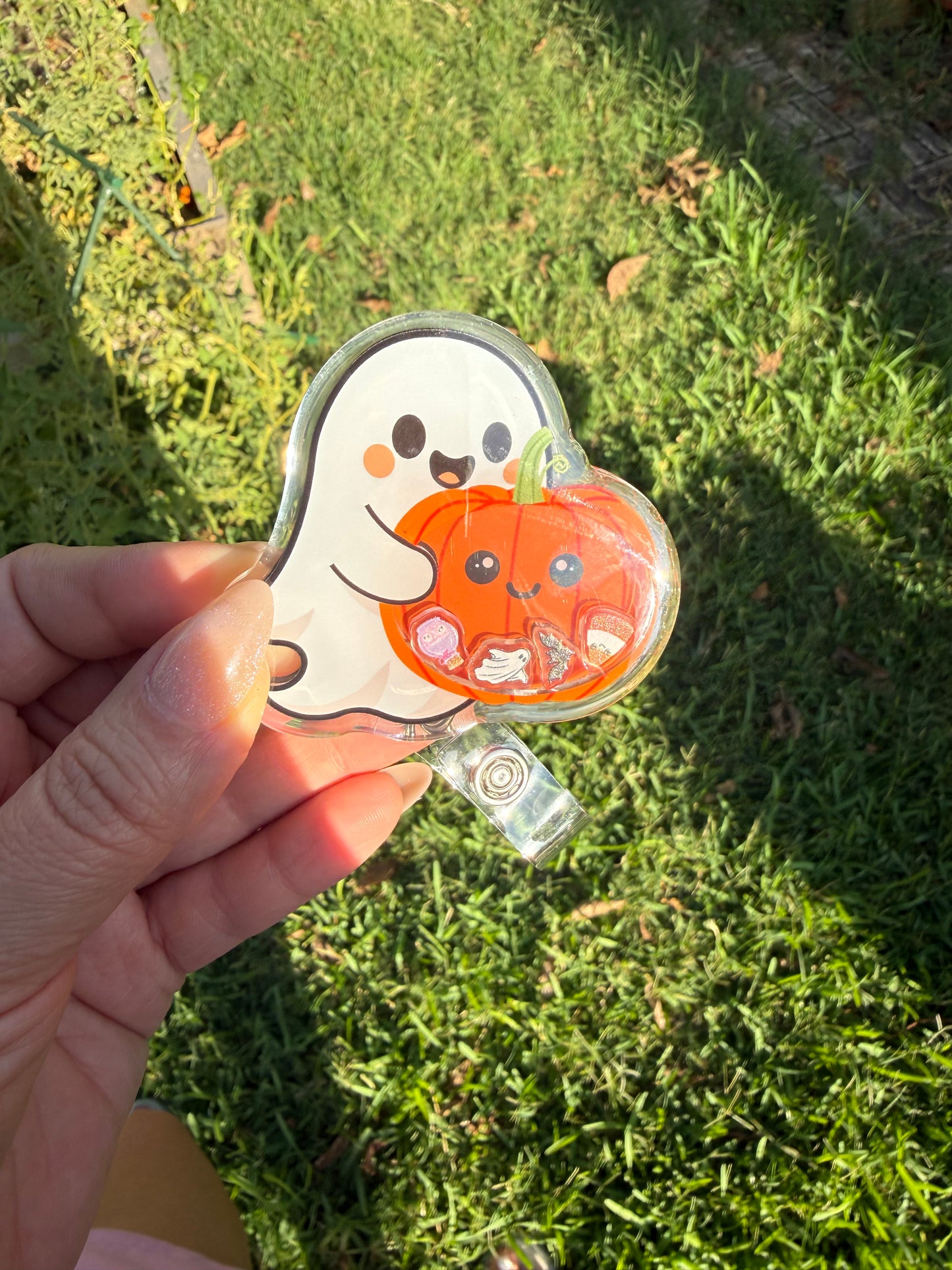 Halloween Ghost Pumpkin Shaker Badge Reel, Cute Spooky Retractable ID Holder, Fall Nurse Badge Reel, Halloween Nursing Gift