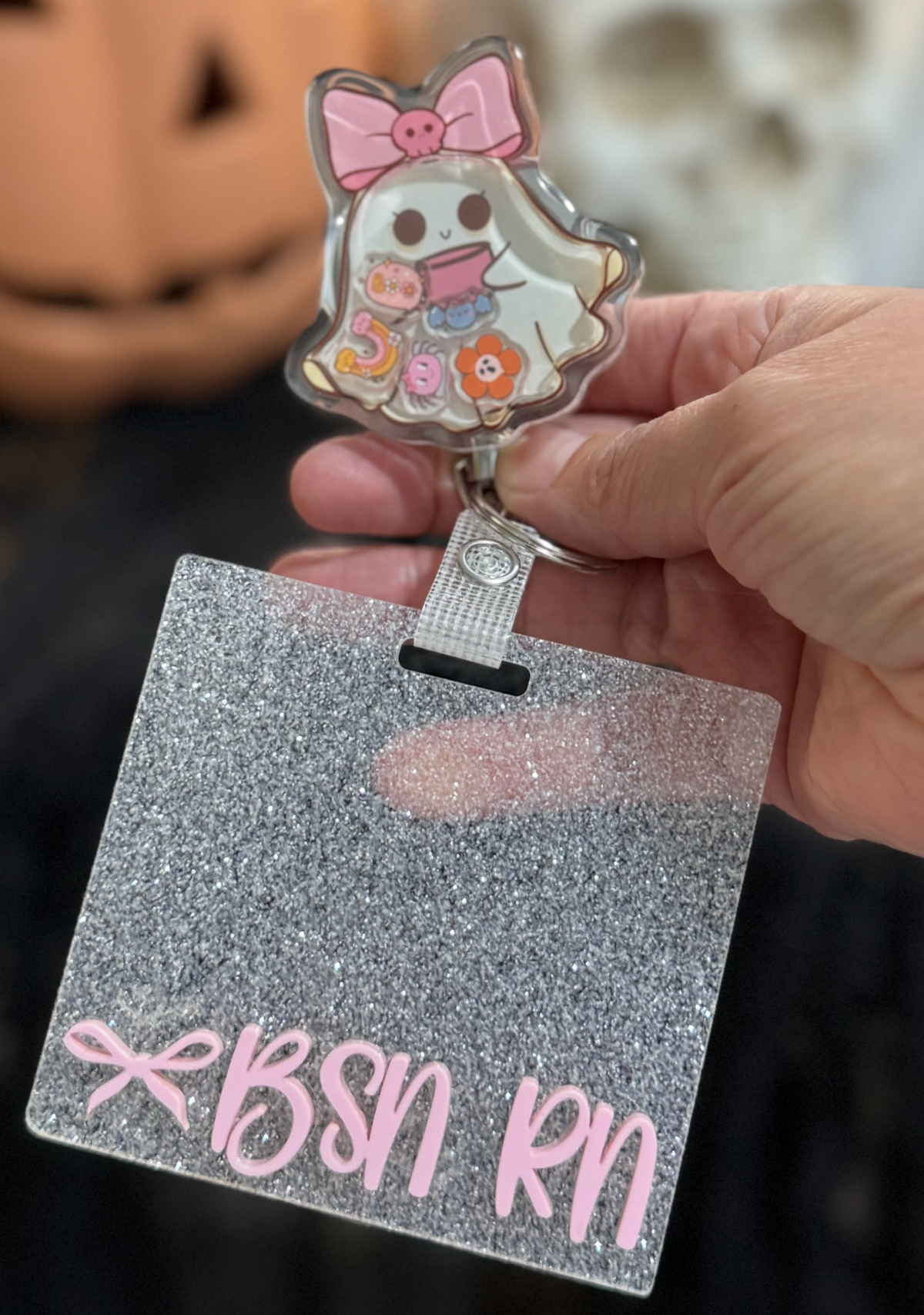 Shake Badge Reel: Girly ghost, Coquette Halloween, Coquette Pink Bow Ghost badge, Cute Ghost badge reel, Pink Coquette Halloween badge reel, Pink Spooky Vibes badge reel.