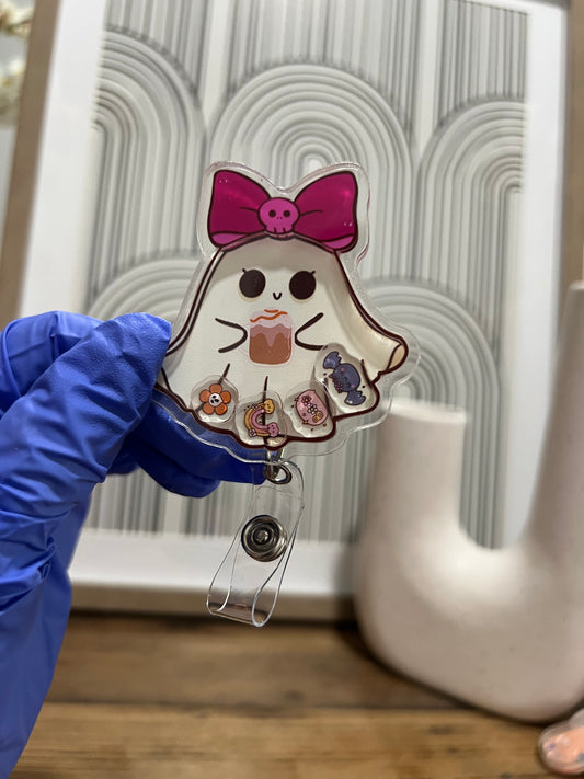 Shake Badge Reel: Girly ghost, Coquette Halloween, Coquette Pink Bow Ghost badge, Cute Ghost badge reel, Pink Coquette Halloween badge reel, Pink Spooky Vibes badge reel.