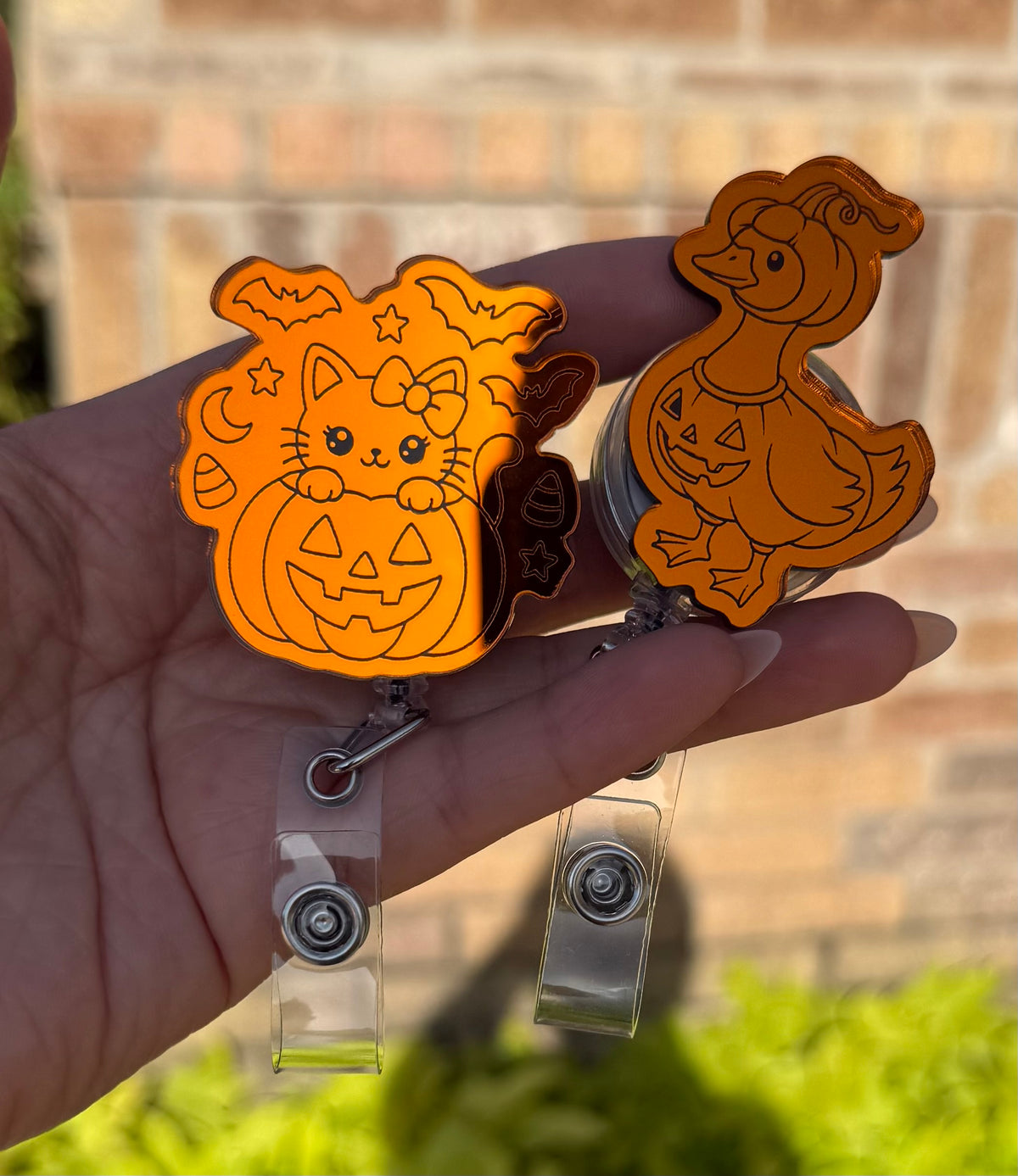 Halloween Orange Mirror Acrylic Badge Reel, Cute Spooky Nurse ID Holder, Pumpkin Ghost Duck Cat Retractable Badge Reel