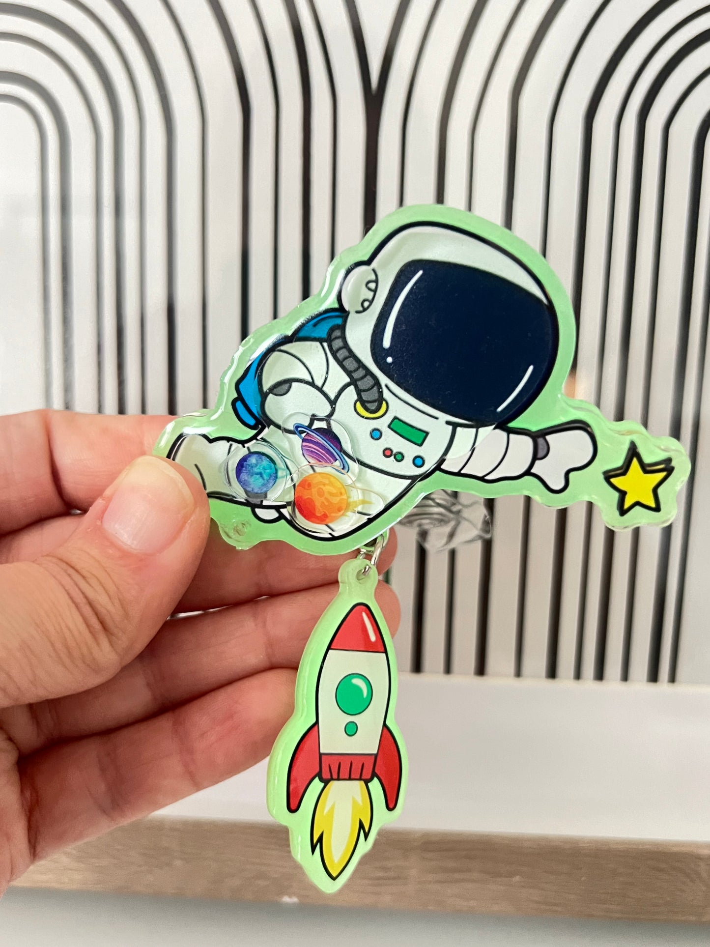 Astronaut spaceship badge reel; Shaker ID holder; badge accessory; retractable swivel badge; glow in the dark badge reel, NASA