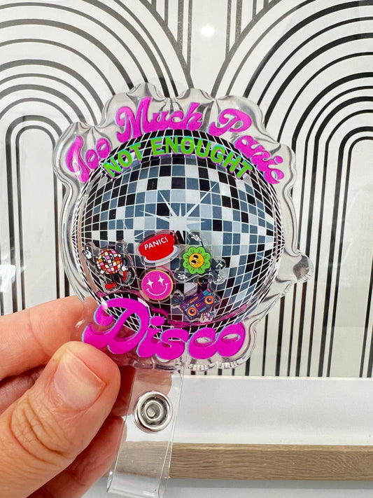 Funny Retractable Badge Reel - Too Much Panic Not Enough Disco - RT CNA ER Nurse Acrylic Badge Holder, Heavy Duty Reel, Lanyard Carabiner