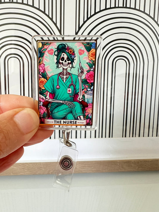 The Nurse Tarot Card badge reel, Skeleton Nurse, Gift For Nurse Registered, Funny Skeleton Nurse Design badge reel, Nursing Witch Skull
