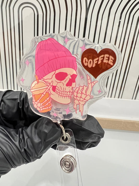Skull Coffee, Cute Badge Reel | Gift for Coffee Lover | Powered by Iced Coffee | Gift for Her | Retractable Badge Reel