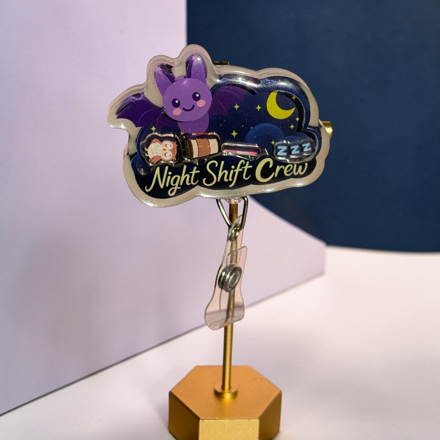 Night Shift Shaker Badge Reel, glow in the dark.