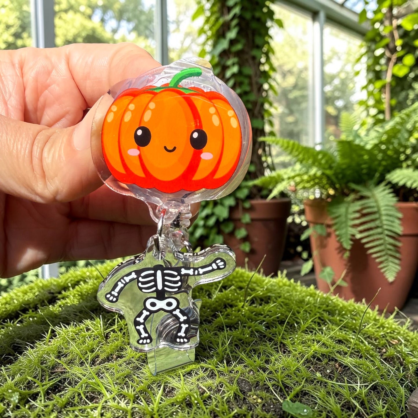 Halloween Pumpkin Skeleton Badge Reel: Retractable ID Holder