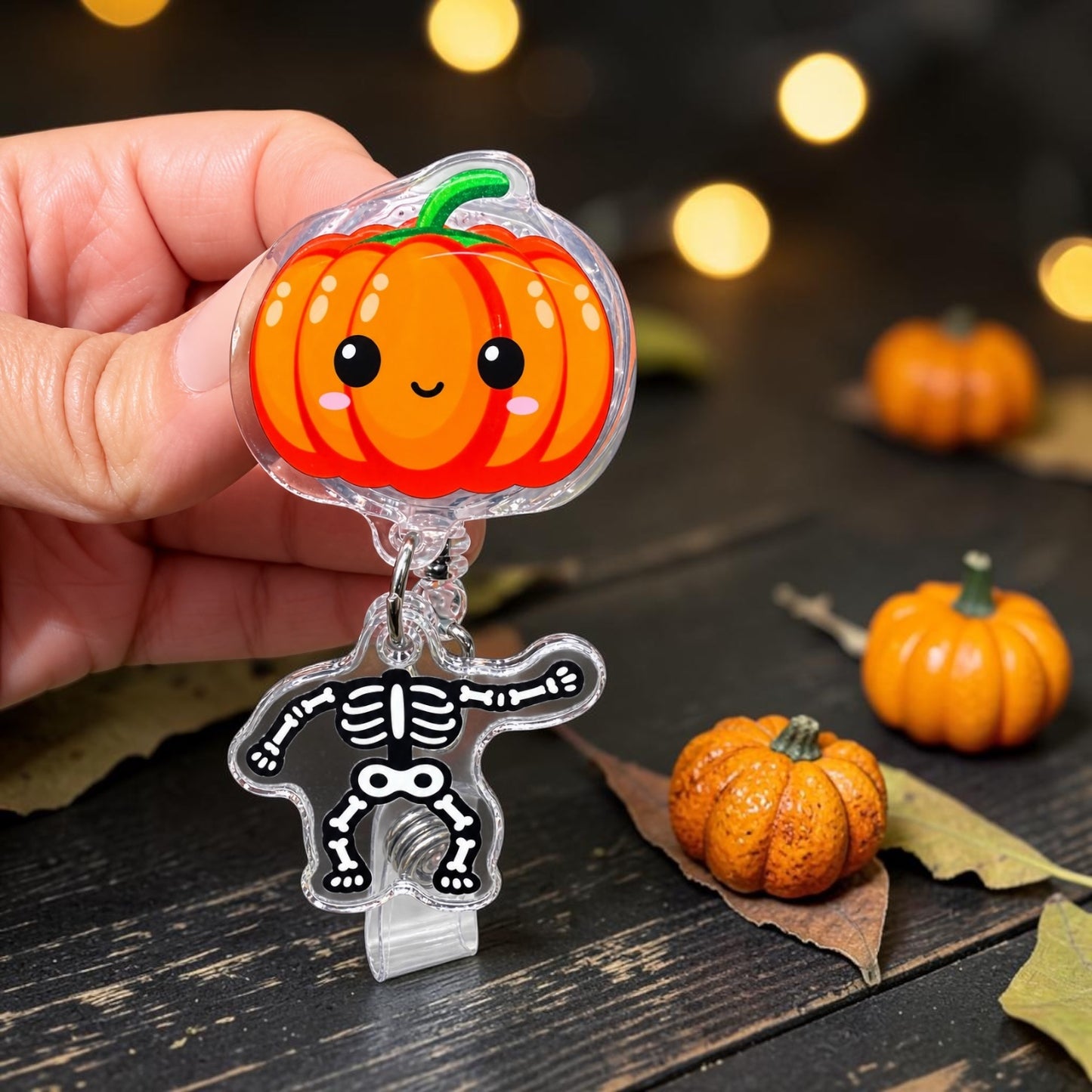 Halloween Pumpkin Skeleton Badge Reel: Retractable ID Holder