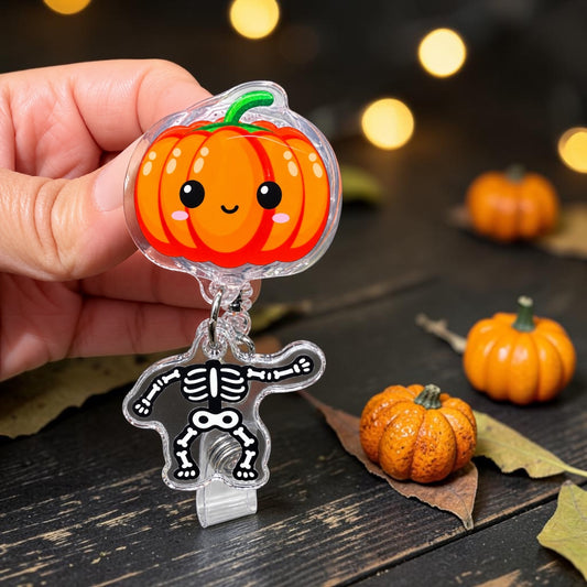 Halloween Pumpkin Skeleton Badge Reel: Retractable ID Holder