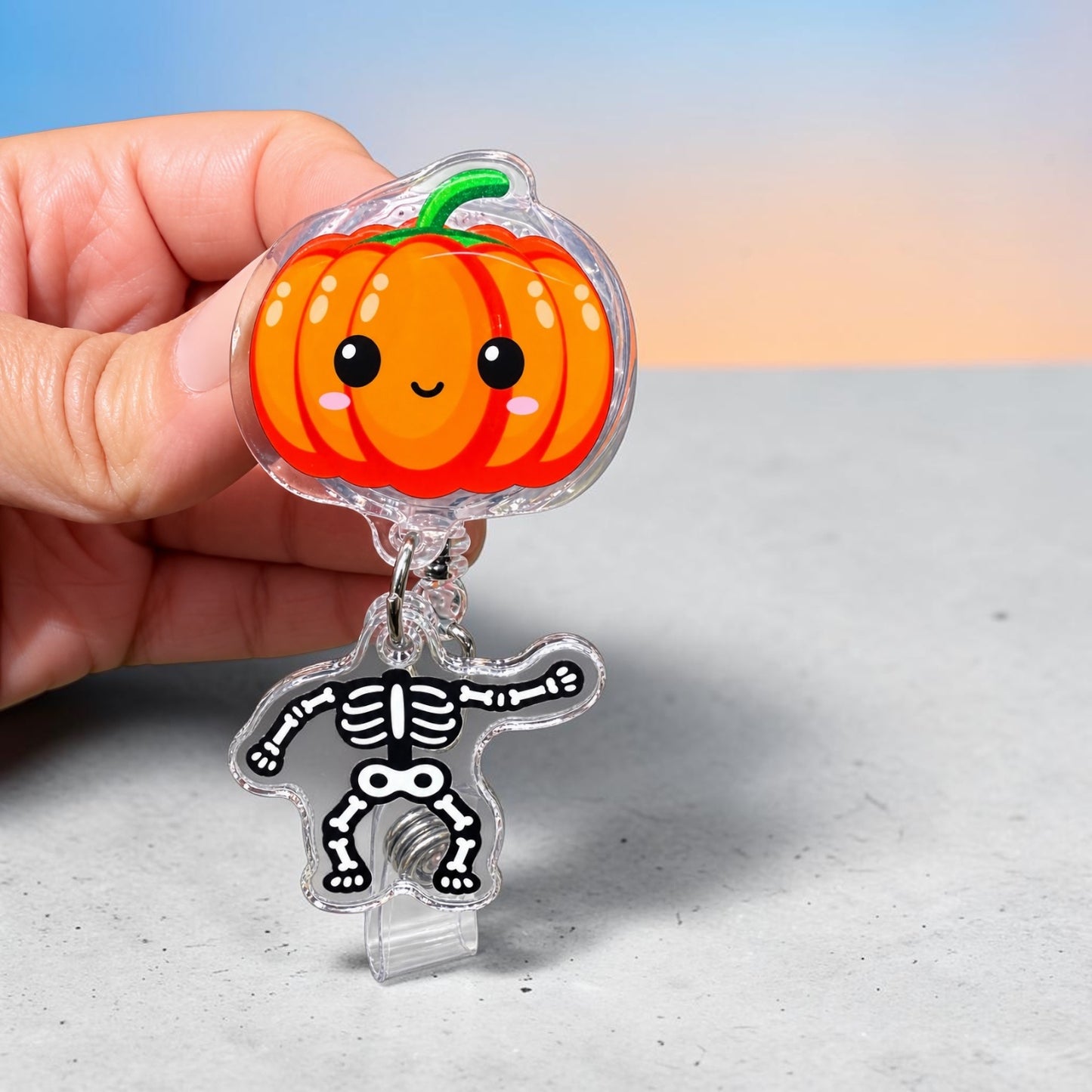 Halloween Pumpkin Skeleton Badge Reel: Retractable ID Holder