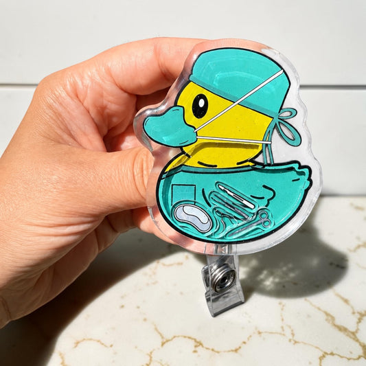 Surgical Ducky Shaker Badge Reel — Funny Nurse Badge, OR ID Holder, Scrub Tech Reel, Cute Surgery Accessory, Medical Badge Clip