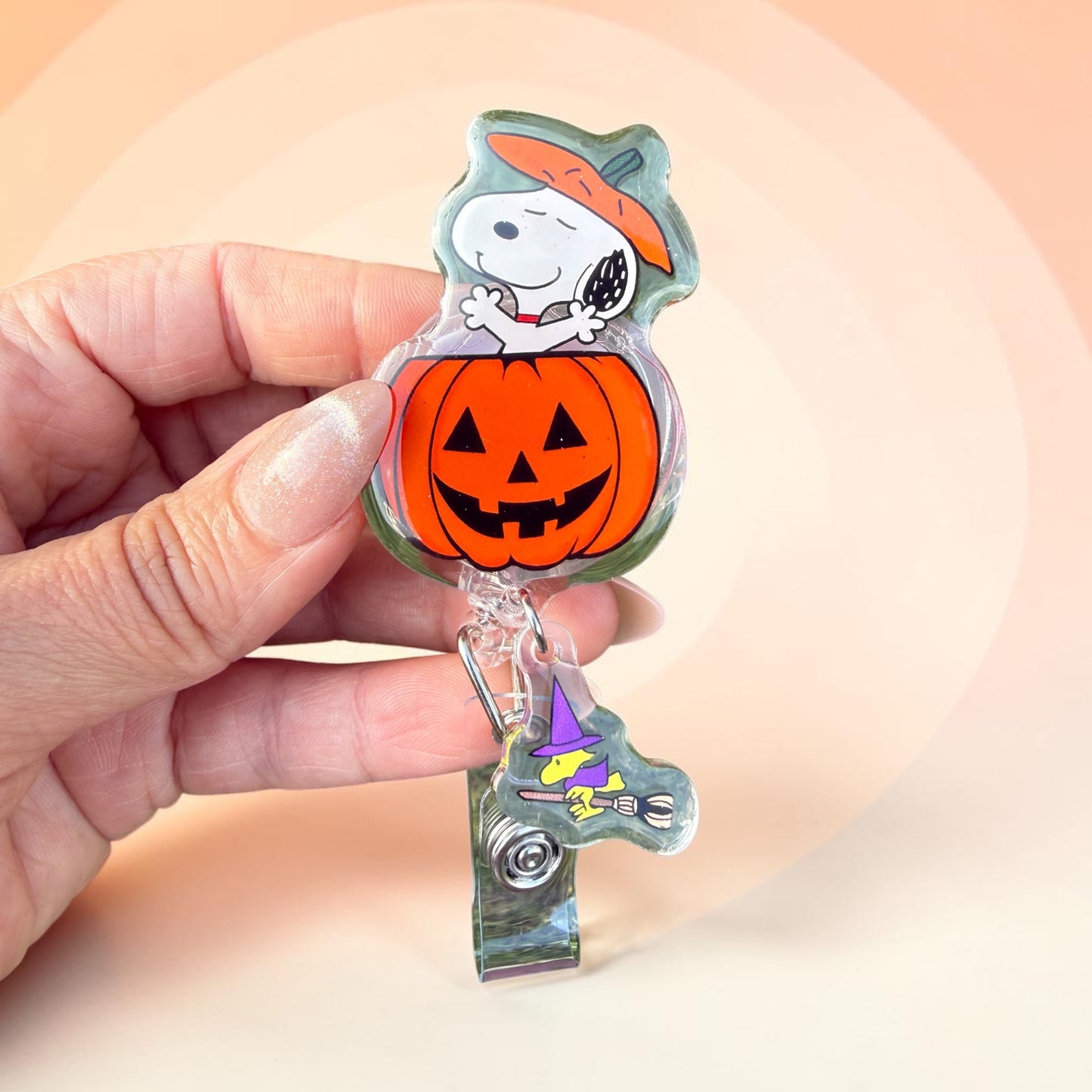 Halloween Pumpkin Dog Badge Reel with Witch Charm, Cute Spooky Retractable ID Holder, Fall Nurse Badge Reel, Halloween Badge Reel