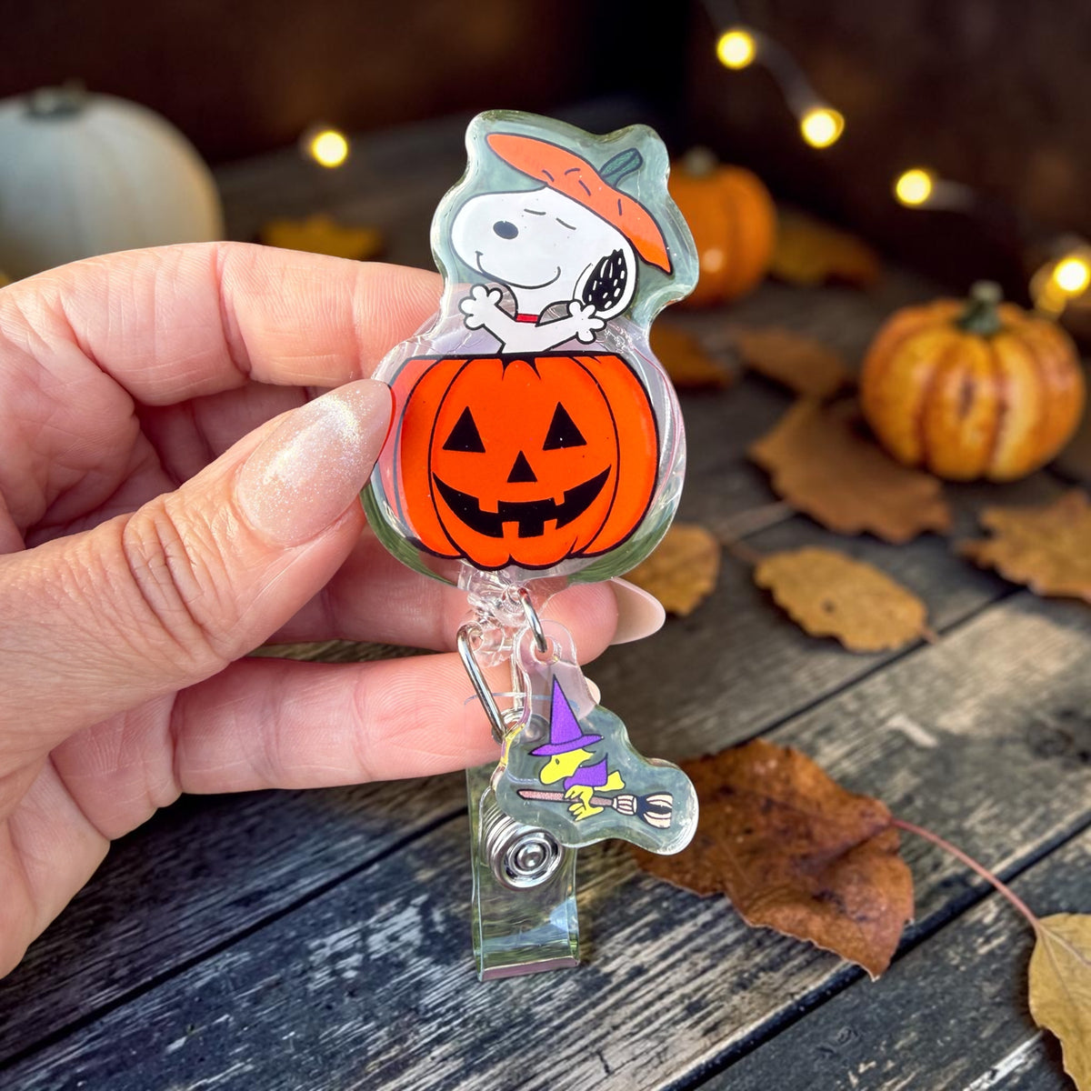 Halloween Pumpkin Dog Badge Reel with Witch Charm, Cute Spooky Retractable ID Holder, Fall Nurse Badge Reel, Halloween Badge Reel