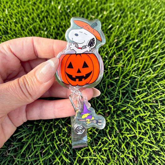 Halloween Pumpkin Dog Badge Reel with Witch Charm, Cute Spooky Retractable ID Holder, Fall Nurse Badge Reel, Halloween Badge Reel