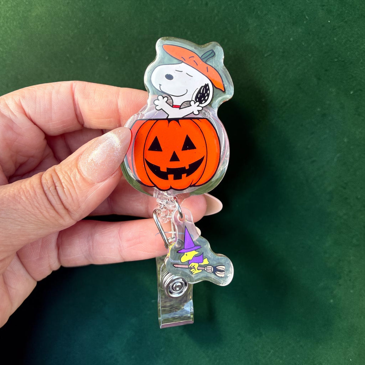 Halloween Pumpkin Dog Badge Reel with Witch Charm, Cute Spooky Retractable ID Holder, Fall Nurse Badge Reel, Halloween Badge Reel