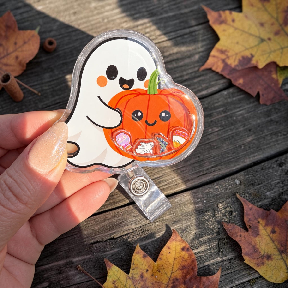 Halloween Ghost Pumpkin Shaker Badge Reel, Cute Spooky Retractable ID Holder, Fall Nurse Badge Reel, Halloween Nursing Gift