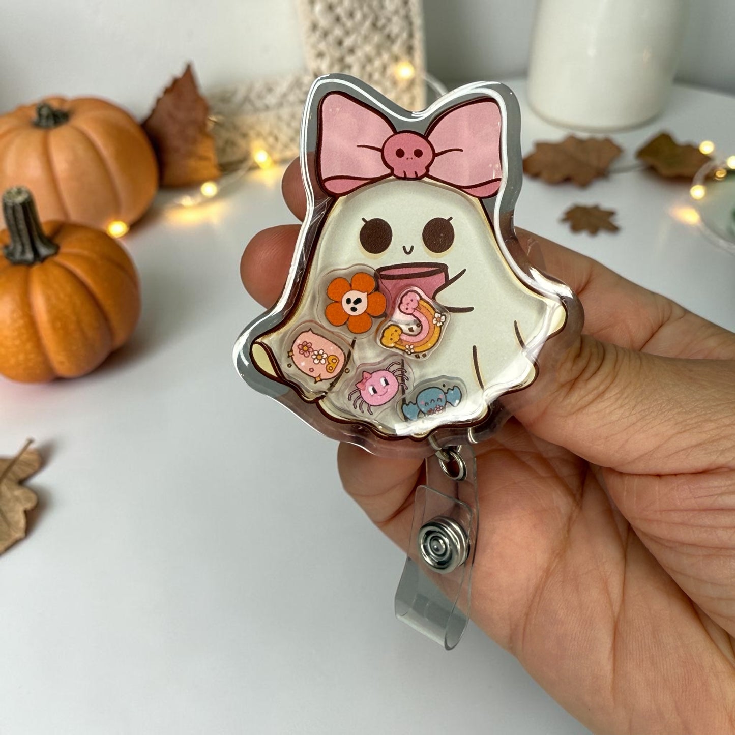 Shake Badge Reel: Girly ghost, Coquette Halloween, Coquette Pink Bow Ghost badge, Cute Ghost badge reel, Pink Coquette Halloween badge reel, Pink Spooky Vibes badge reel.
