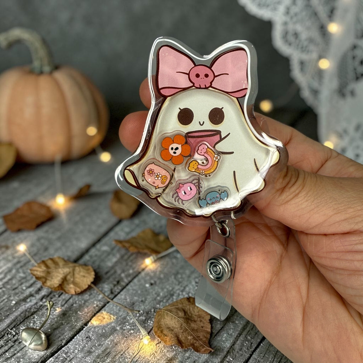 Shake Badge Reel: Girly ghost, Coquette Halloween, Coquette Pink Bow Ghost badge, Cute Ghost badge reel, Pink Coquette Halloween badge reel, Pink Spooky Vibes badge reel.