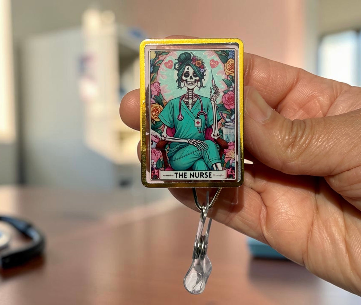 The Nurse Tarot Card badge reel, Skeleton Nurse, Gift For Nurse Registered, Funny Skeleton Nurse Design badge reel, Nursing Witch Skull