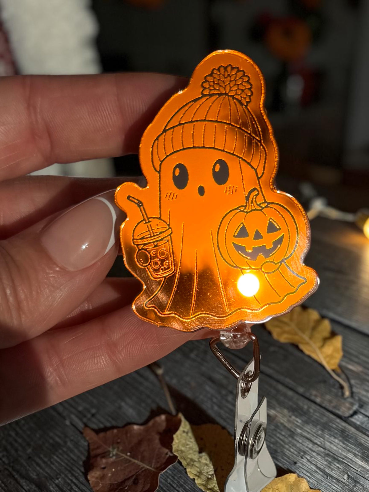 Halloween Orange Mirror Acrylic Badge Reel, Cute Spooky Nurse ID Holder, Pumpkin Ghost Duck Cat Retractable Badge Reel