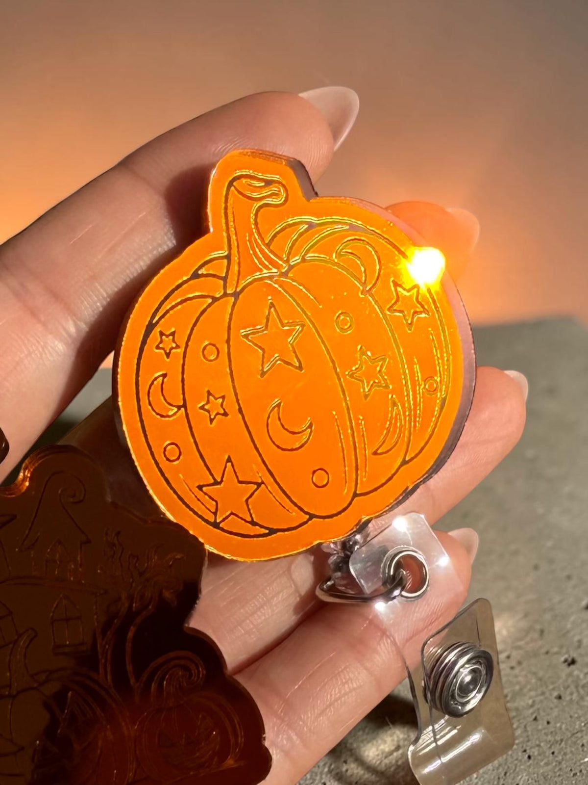 Halloween Orange Mirror Acrylic Badge Reel, Cute Spooky Nurse ID Holder, Pumpkin Ghost Duck Cat Retractable Badge Reel