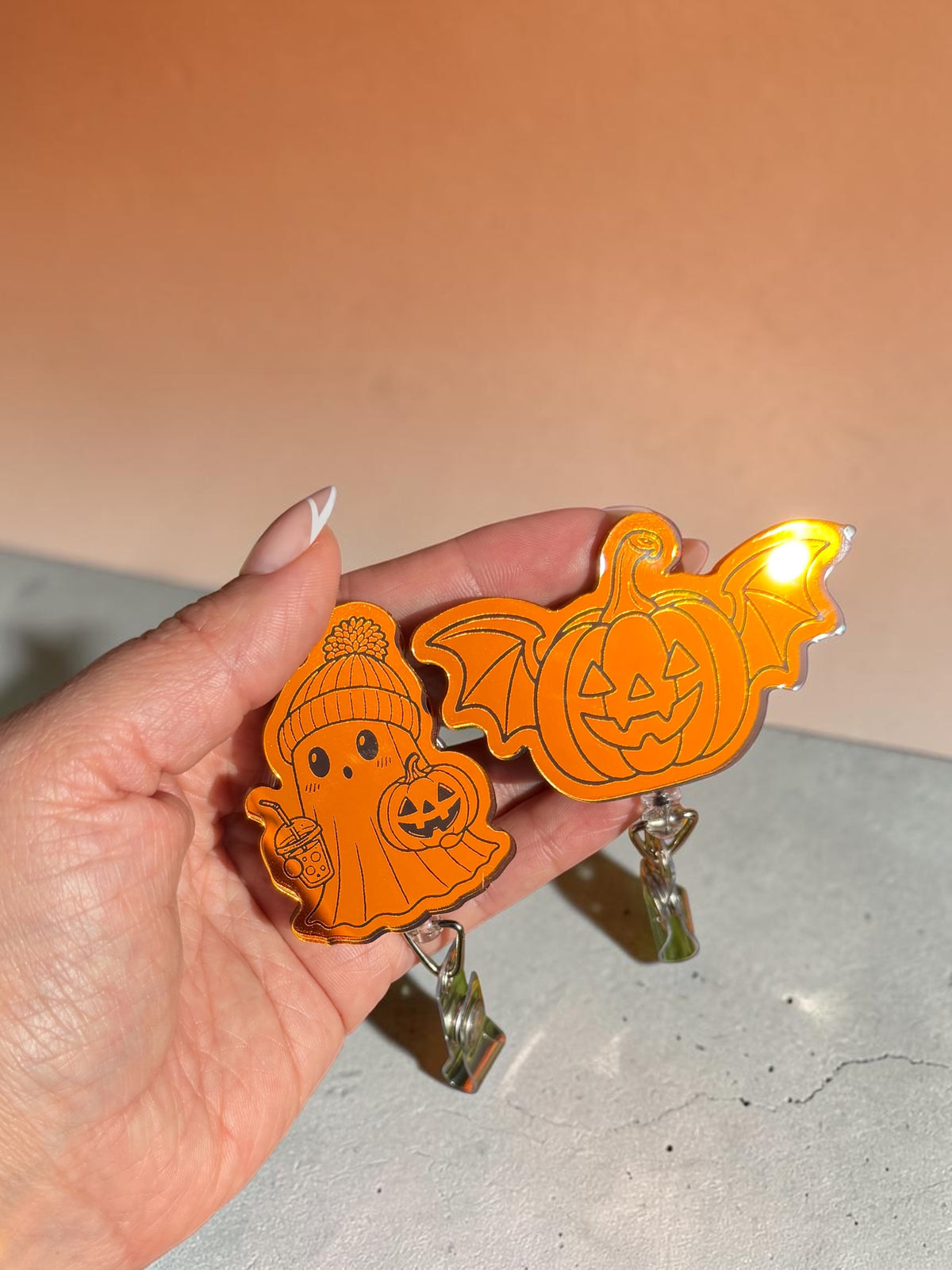 Halloween Orange Mirror Acrylic Badge Reel, Cute Spooky Nurse ID Holder, Pumpkin Ghost Duck Cat Retractable Badge Reel