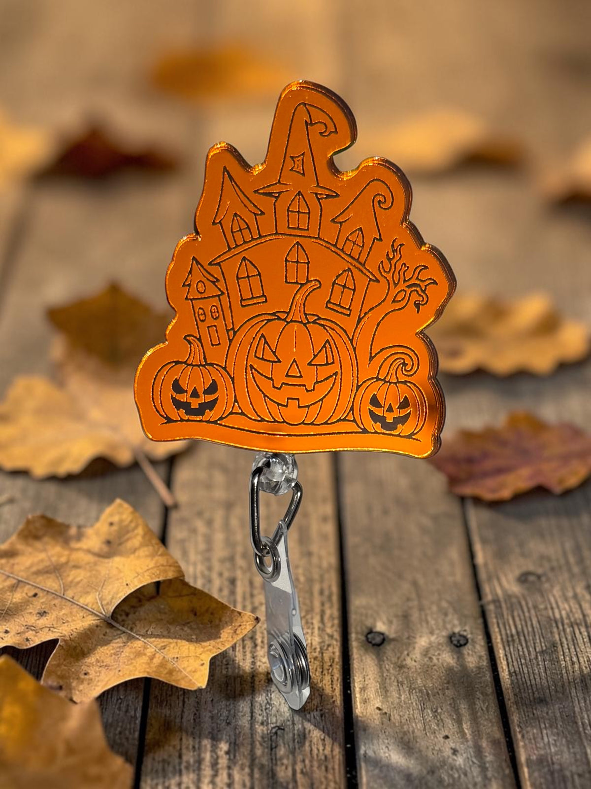 Halloween Orange Mirror Acrylic Badge Reel, Cute Spooky Nurse ID Holder, Pumpkin Ghost Duck Cat Retractable Badge Reel