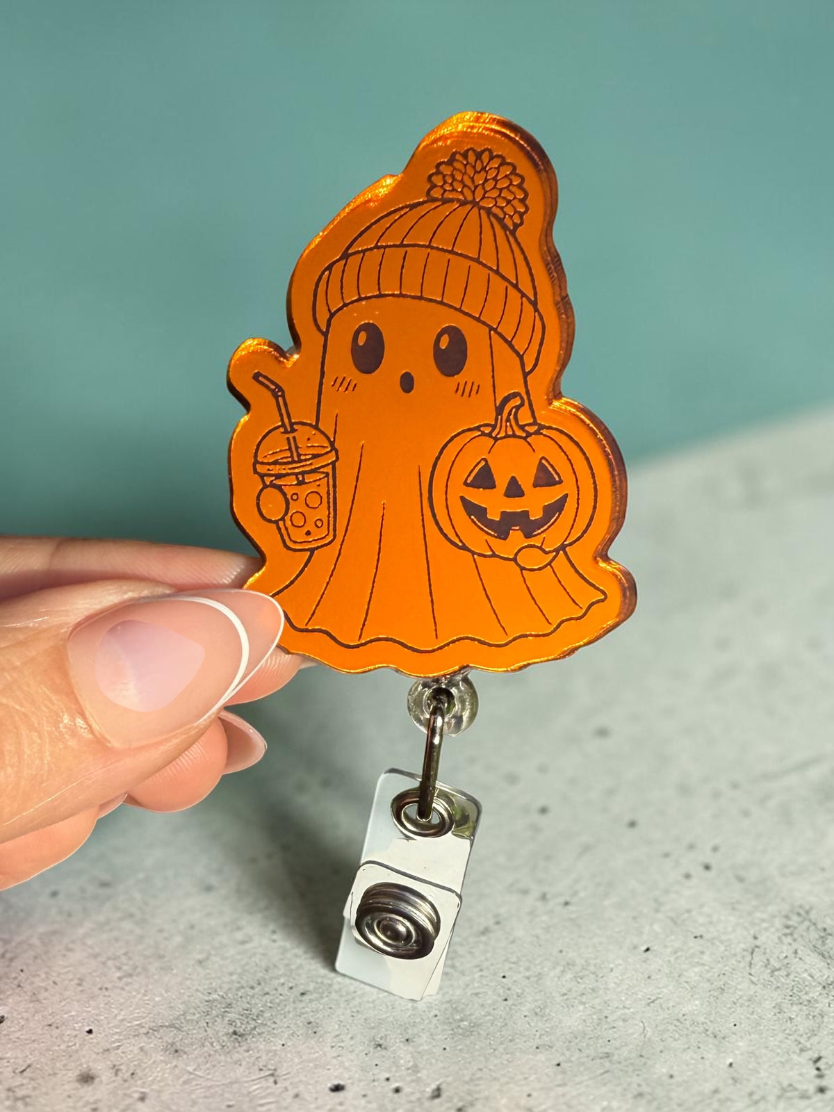 Halloween Orange Mirror Acrylic Badge Reel, Cute Spooky Nurse ID Holder, Pumpkin Ghost Duck Cat Retractable Badge Reel